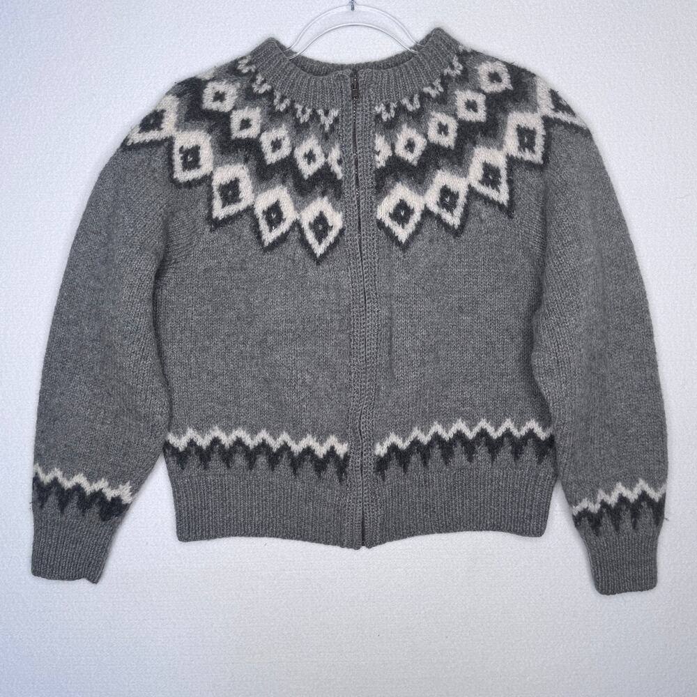Vintage 1990s L.L.Bean Gray Fair Isle Nordic 100% Wool Zip Cardigan Sweater M - Picture 4 of 15